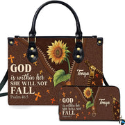 Front view of rustic sunflower and cross handbag and matching wallet with illustrated diagonal reveal design.