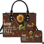 Front view of rustic sunflower and cross handbag and matching wallet with illustrated diagonal reveal design.