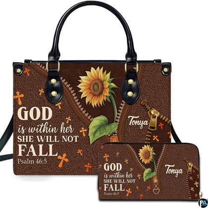 Front view of rustic sunflower and cross handbag and matching wallet with illustrated diagonal reveal design.