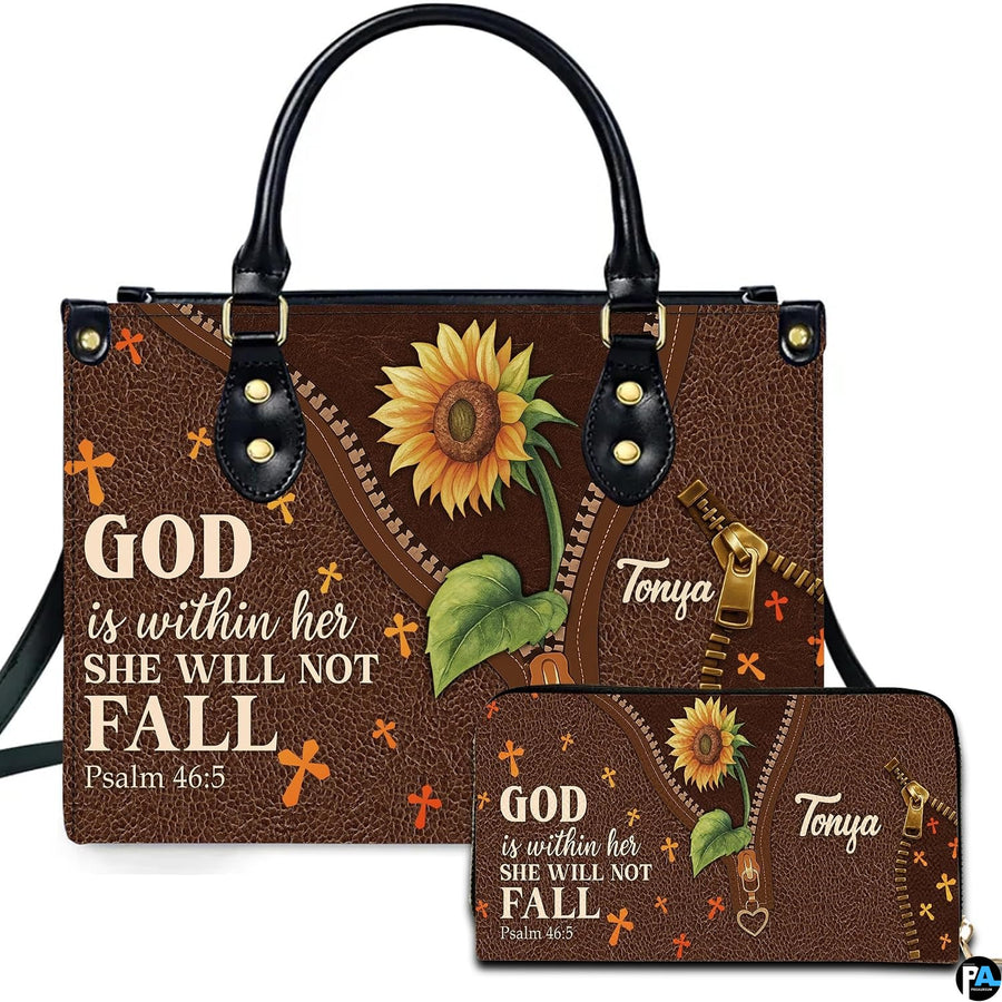 Front view of rustic sunflower and cross handbag and matching wallet with illustrated diagonal reveal design.
