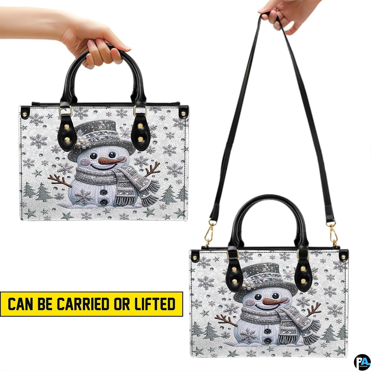 Matching elongated accessory decorated with sparkling crystal snowman and silver winter graphics.