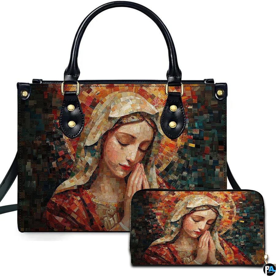 Handbag and matching wallet featuring terracotta mosaic Praying Virgin Mary artwork with radiant halo.