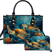 Two sea turtles handbag and matching wallet set featuring ocean reef artwork.
