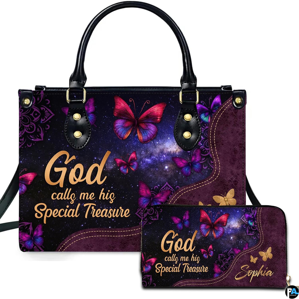 Front view of galaxy butterfly handbag and matching wallet with starlit cosmic nebula sky and golden script.