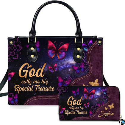 Front view of galaxy butterfly handbag and matching wallet with starlit cosmic nebula sky and golden script.