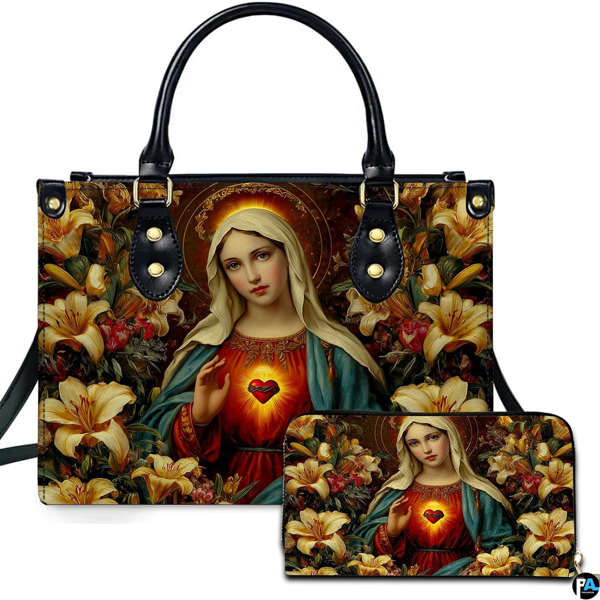 Our Lady of Lilies devotional handbag and matching wallet front view on white background