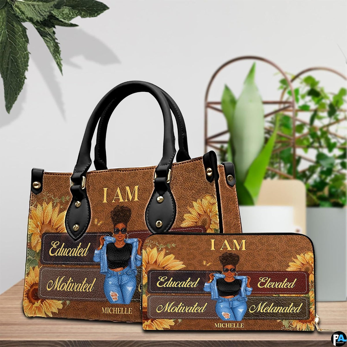 Sunflower girl art accessory and companion piece positioned on wooden table beside lush indoor greenery.