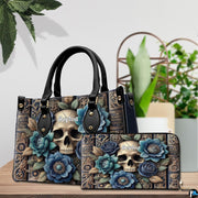 Gothic skull handbag and matching wallet shown on wooden table next to potted greenery.
