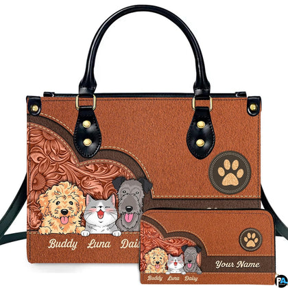 Front view of western pet trio floral handbag and matching wallet set with cartoon dogs and cat