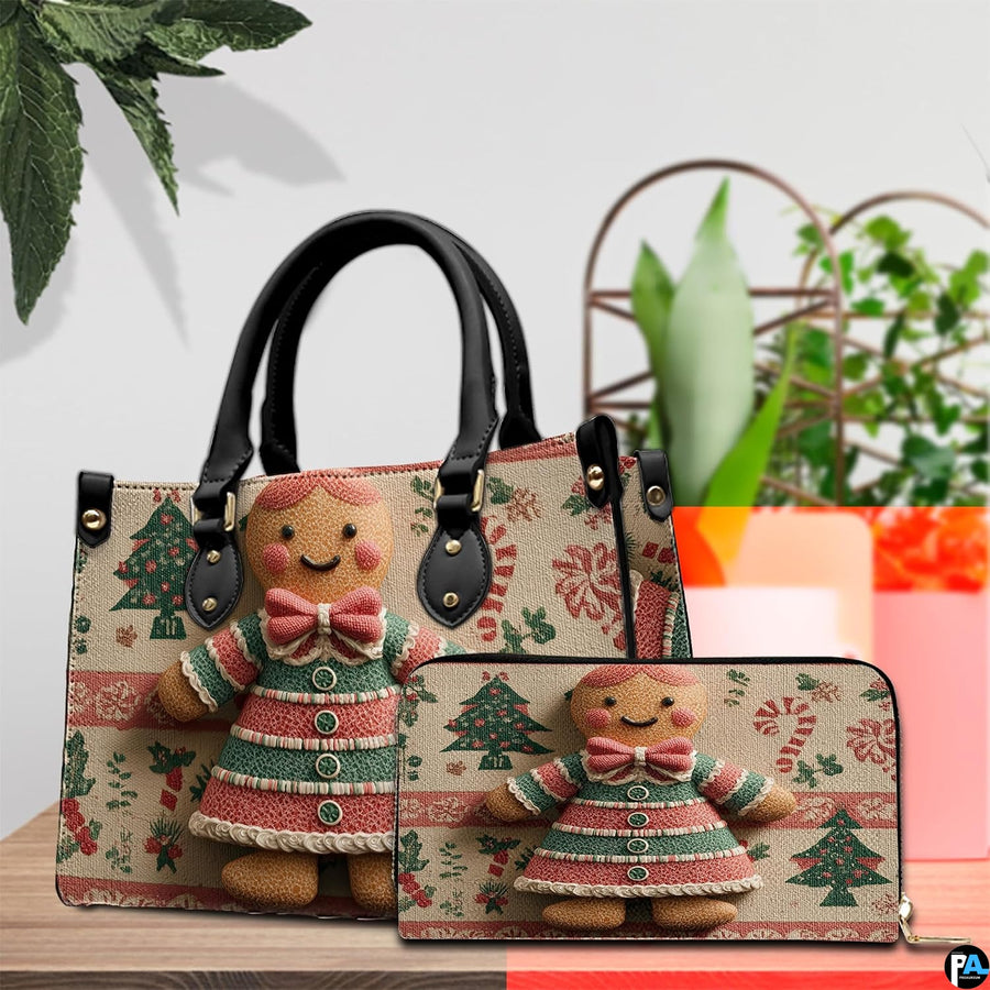 Lifestyle arrangement featuring gingerbread holiday artwork beside potted indoor foliage on a wooden surface.