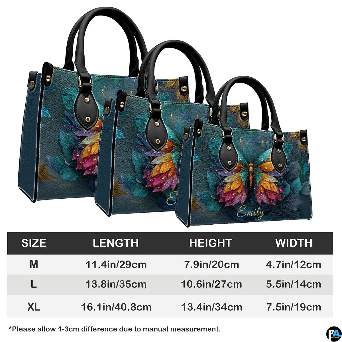 Three quarter view of structured butterfly handbag and matching companion piece