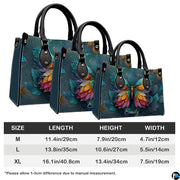 Three quarter view of structured butterfly handbag and matching companion piece