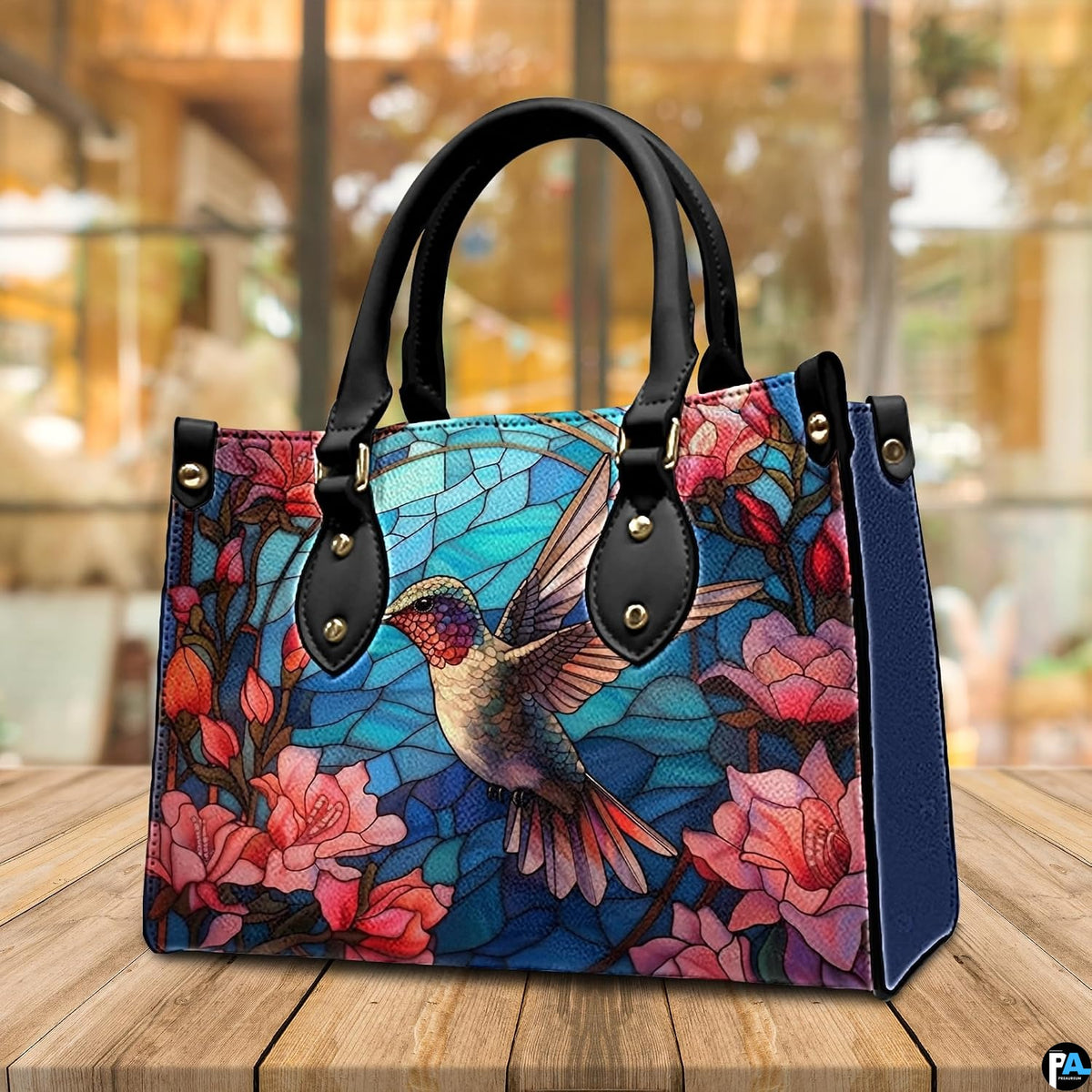 Lifestyle display presenting the stained glass hummingbird handbag carried over the shoulder.