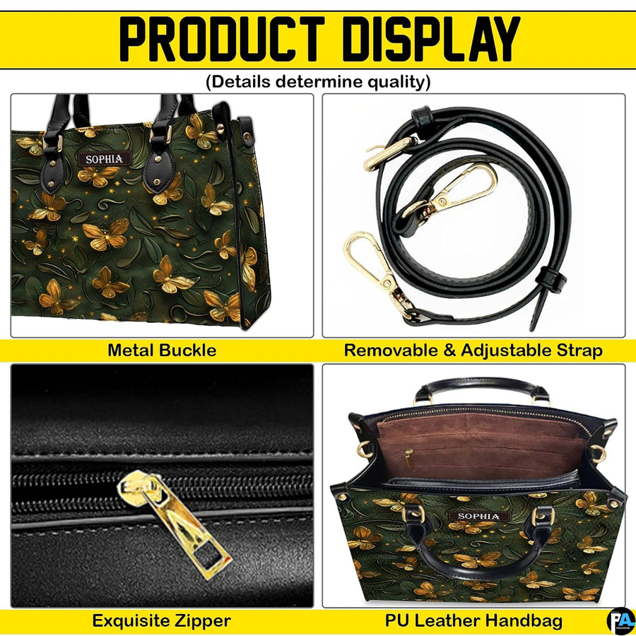 Detailed views of the golden butterfly handbag construction, gold accents, and interior.