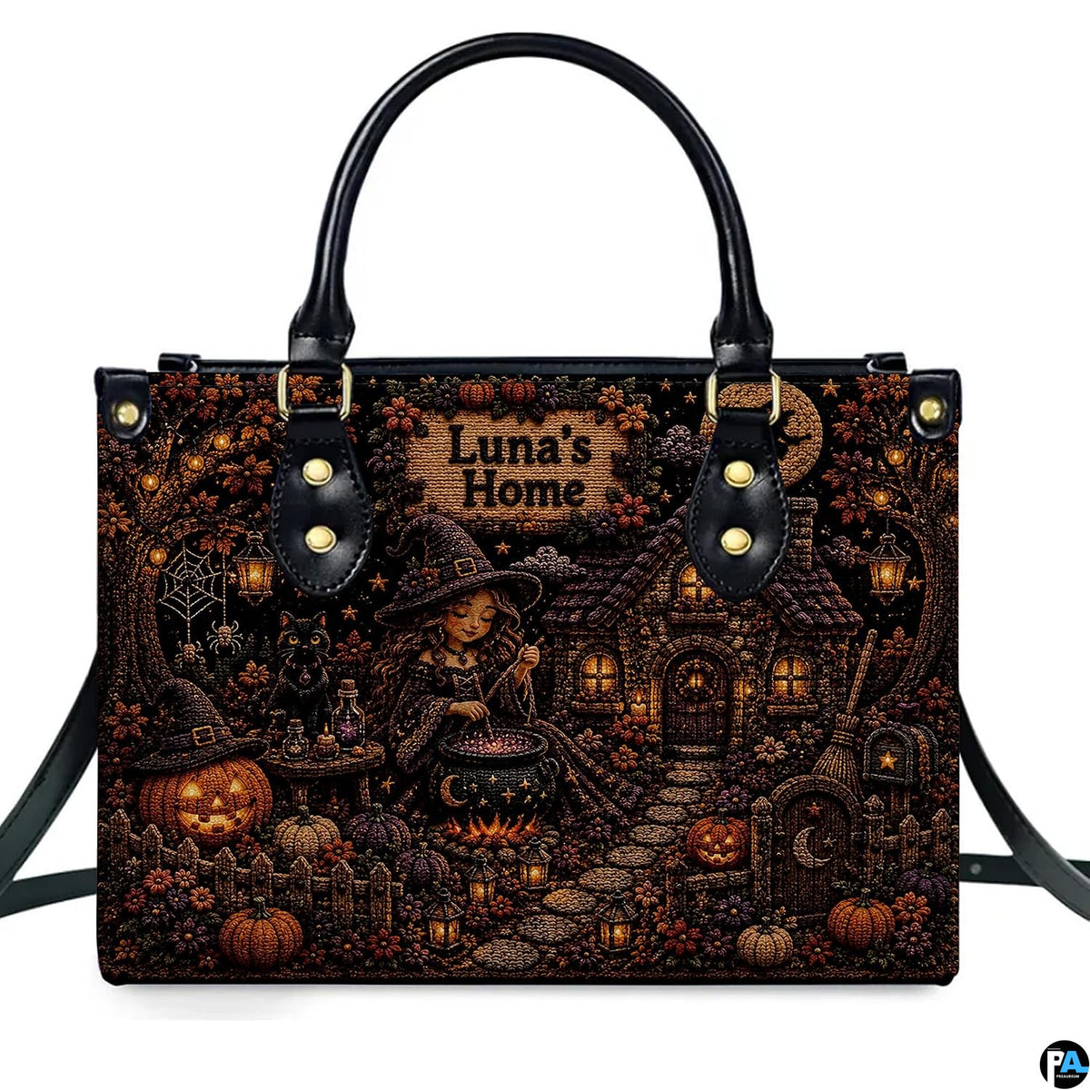 Front perspective of witch cottage art accessory featuring young spellcaster, glowing cauldron, and carved jack-o-lanterns.