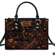Front perspective of witch cottage art accessory featuring young spellcaster, glowing cauldron, and carved jack-o-lanterns.