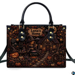 Front perspective of witch cottage art accessory featuring young spellcaster, glowing cauldron, and carved jack-o-lanterns.