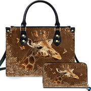 Bronze crowned giraffe handbag and matching wallet set featuring majestic crowned giraffe portrait.