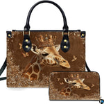 Bronze crowned giraffe handbag and matching wallet set featuring majestic crowned giraffe portrait.