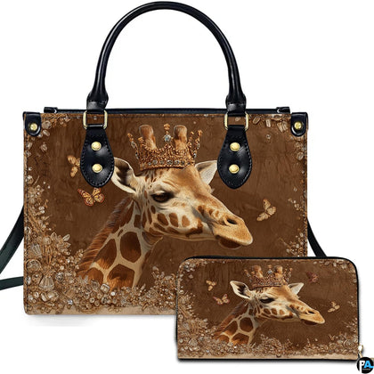 Bronze crowned giraffe handbag and matching wallet set featuring majestic crowned giraffe portrait.