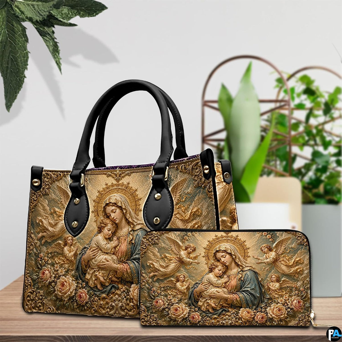 Model carrying celestial Madonna and angels baroque relief handbag outdoors