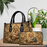 Model carrying celestial Madonna and angels baroque relief handbag outdoors