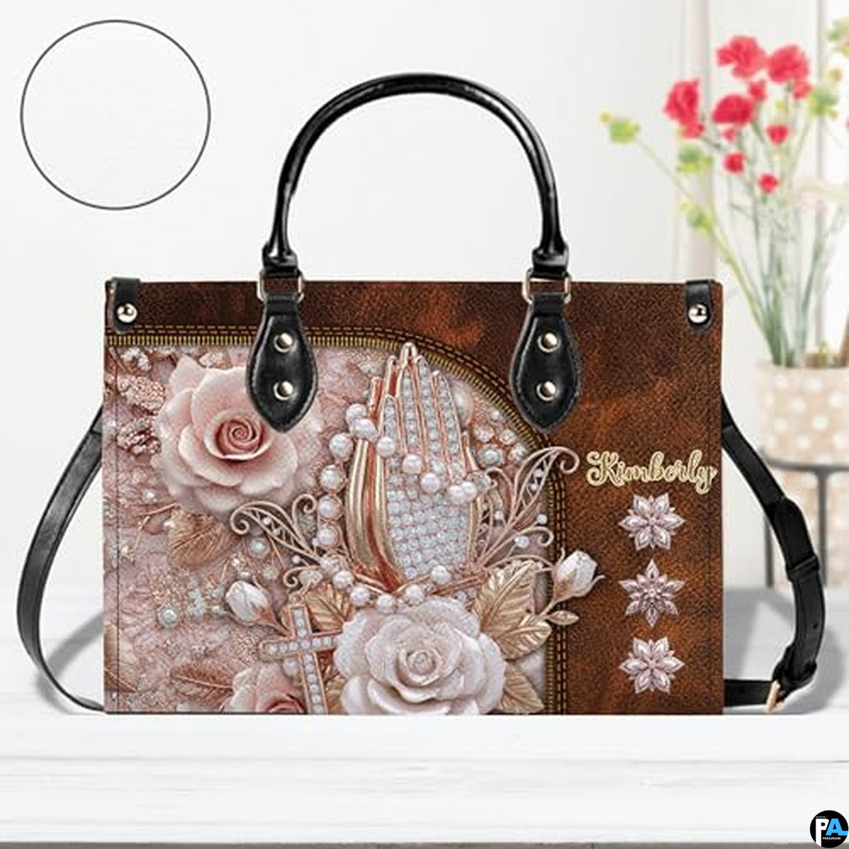 Custom Religious Praying Hands Rose Handbag for Christian Women