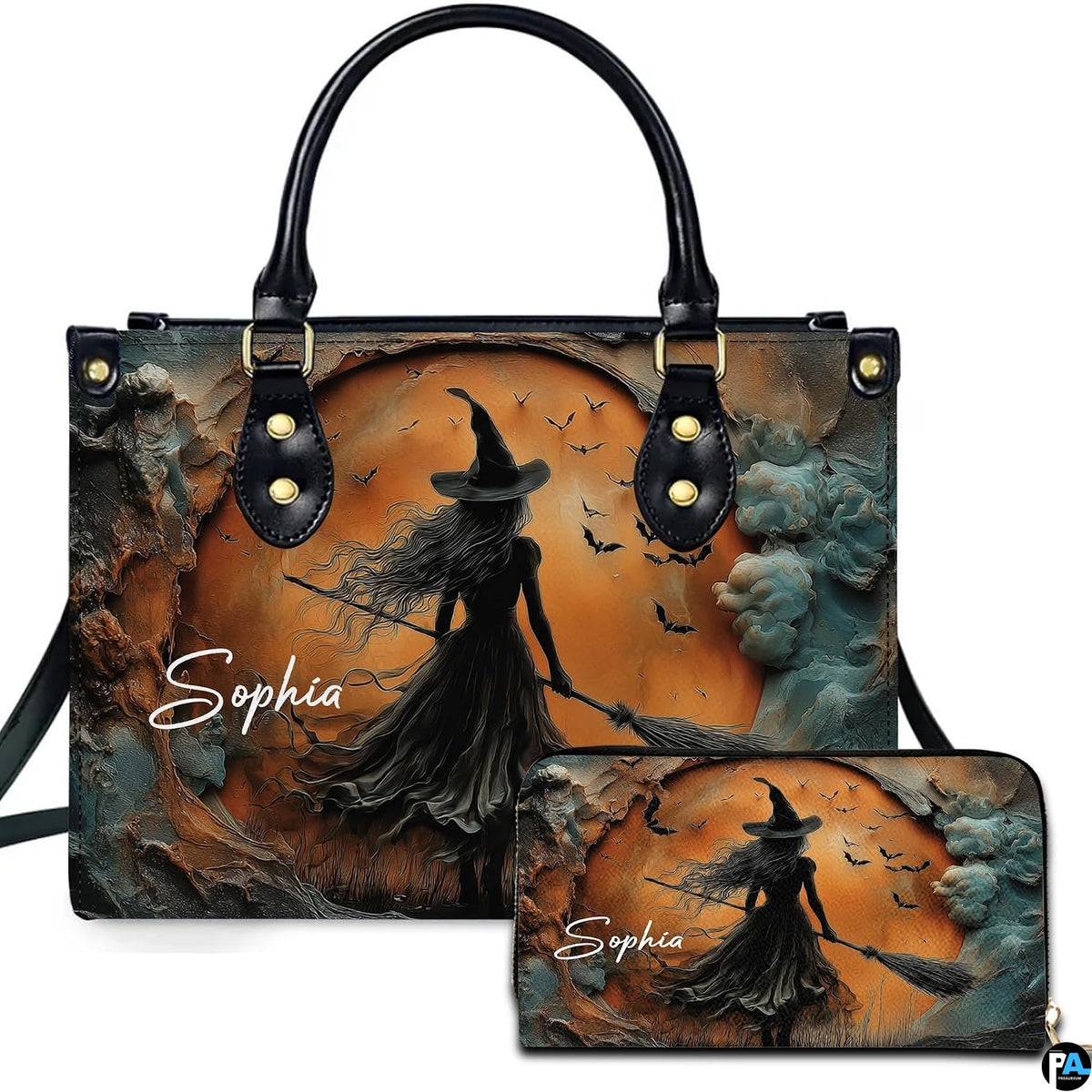 Personalized Halloween Leather Handbag – Custom Witch 3D Printing Effect Purses For Women – Spooky Gothic Shoulder Bag