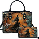 Personalized Halloween Leather Handbag – Custom Witch 3D Printing Effect Purses For Women – Spooky Gothic Shoulder Bag