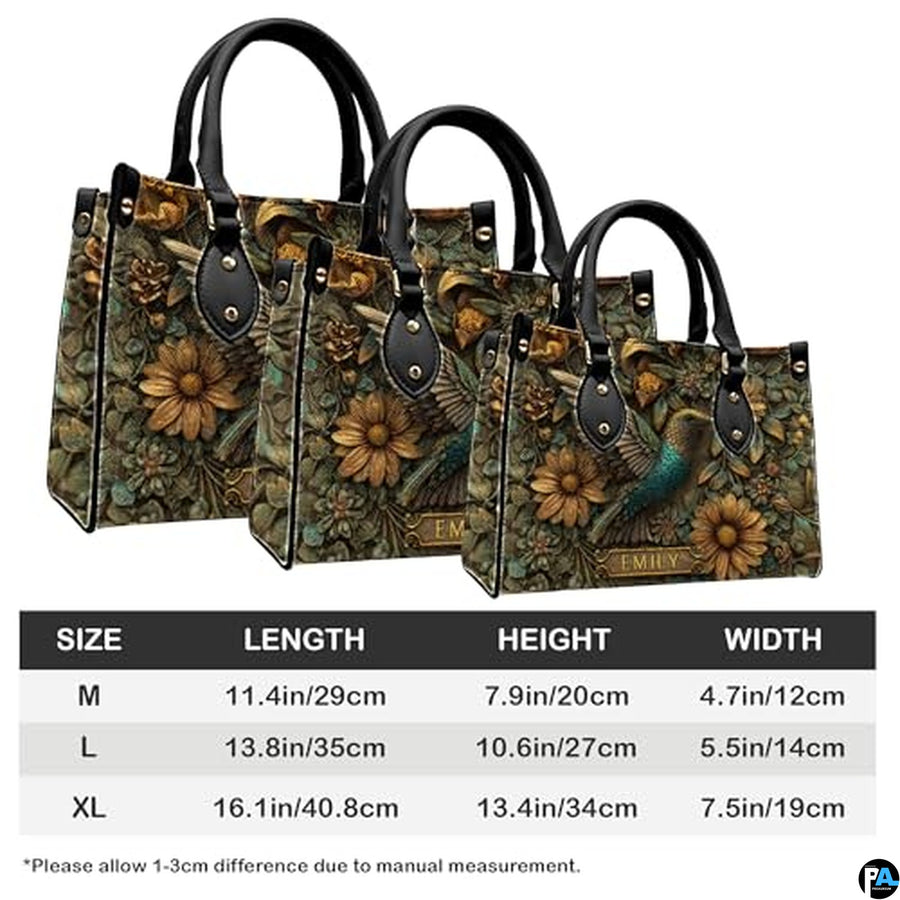 Personalized Animal Leather Handbag – Custom Name Flowers with 2D Print with 3D Effect – Gift for Gramma, Mom, Daughter