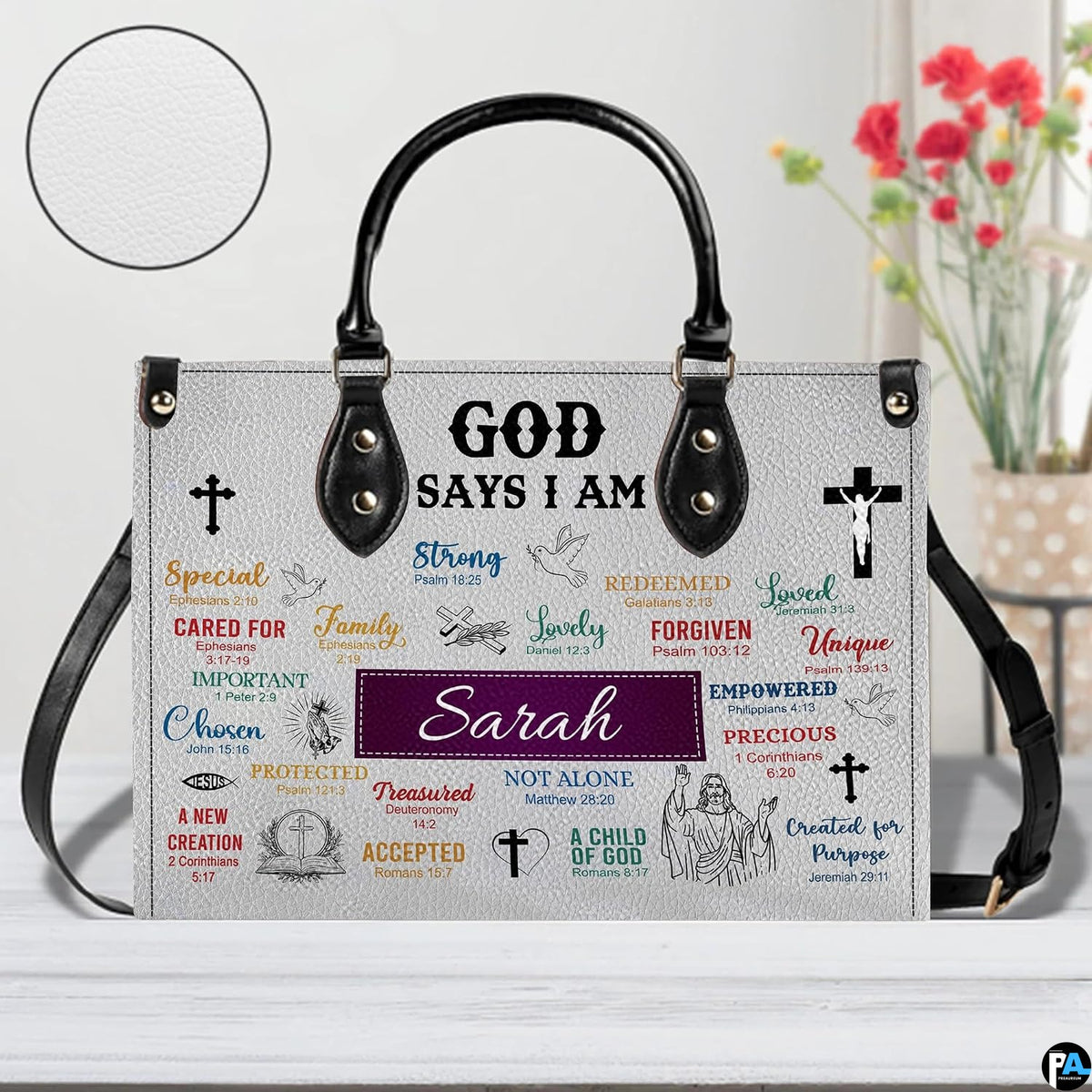 Detailed presentation of handbag surface with circular texture inset.