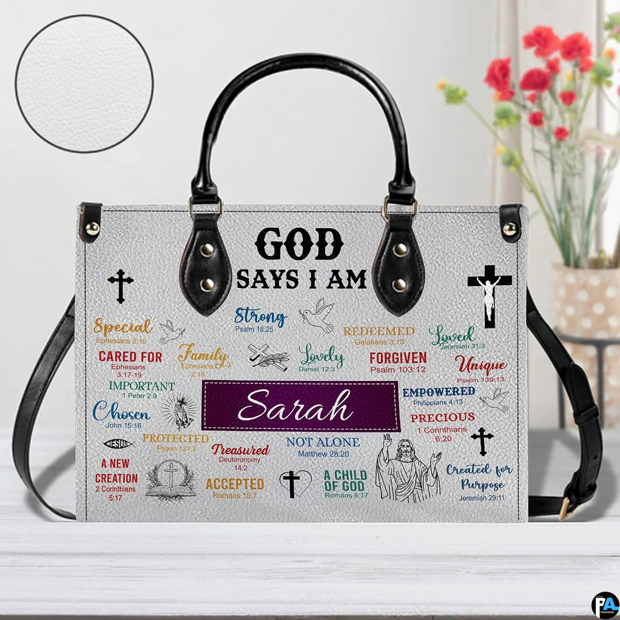 Detailed presentation of handbag surface with circular texture inset.