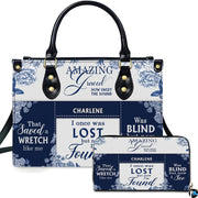 Blue porcelain floral hymn handbag and matching wallet set on white backdrop