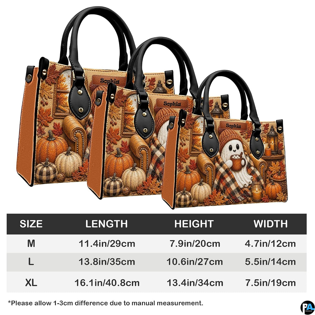 Size comparison guide detailing medium, large, and extra-large satchel dimensions and measurements.