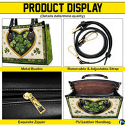 Detail views of clover heart handbag and its visible components