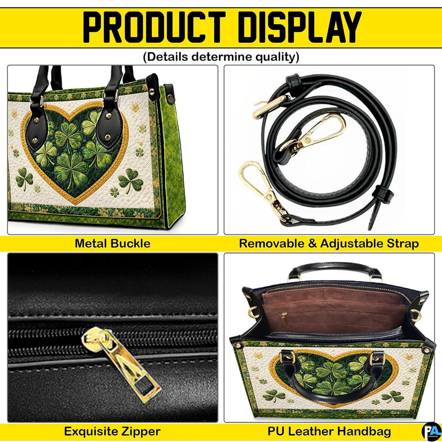 Detail views of clover heart handbag and its visible components