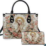 Virgin Mary praying portrait with gold halo and rose wreath on matching handbag and wallet set
