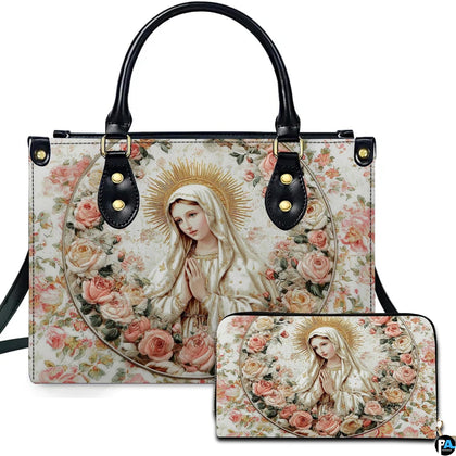 Virgin Mary praying portrait with gold halo and rose wreath on matching handbag and wallet set