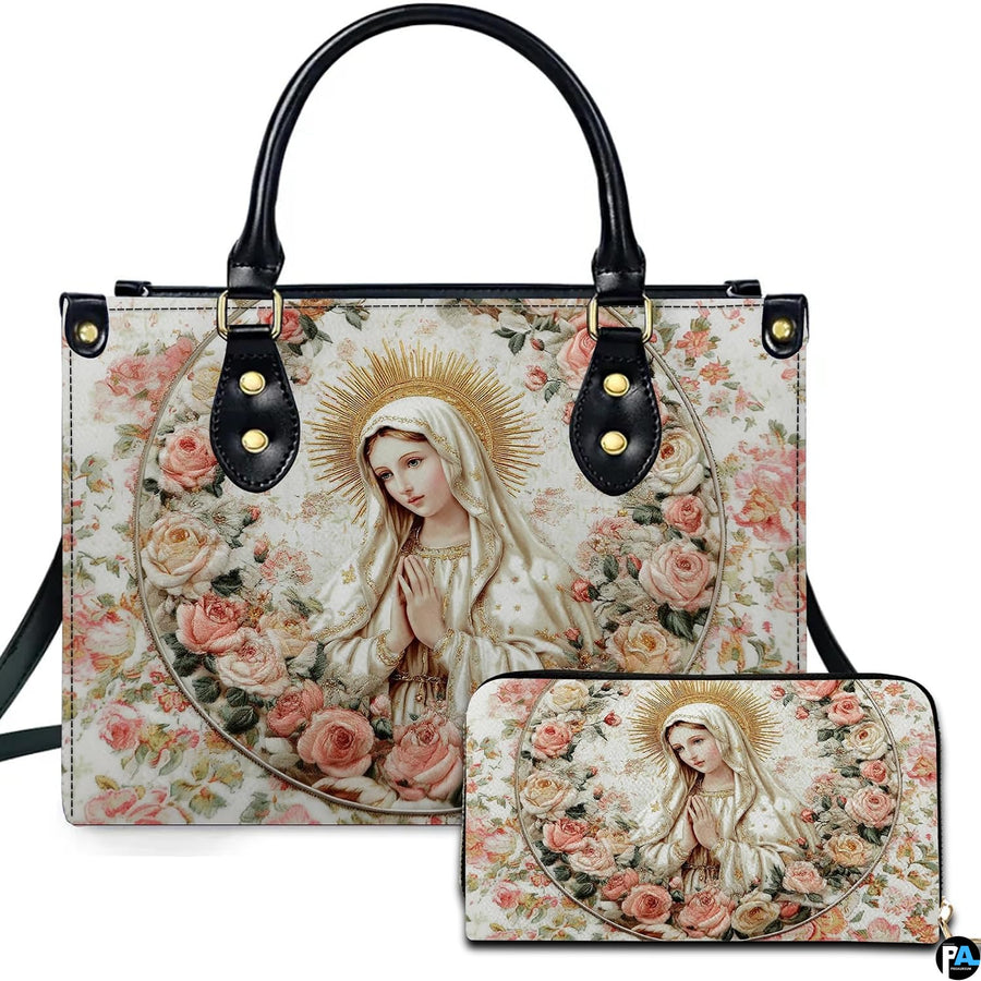 Virgin Mary praying portrait with gold halo and rose wreath on matching handbag and wallet set