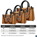 Size chart displaying medium, large, and extra-large dimensions for the embossed butterfly handbag.