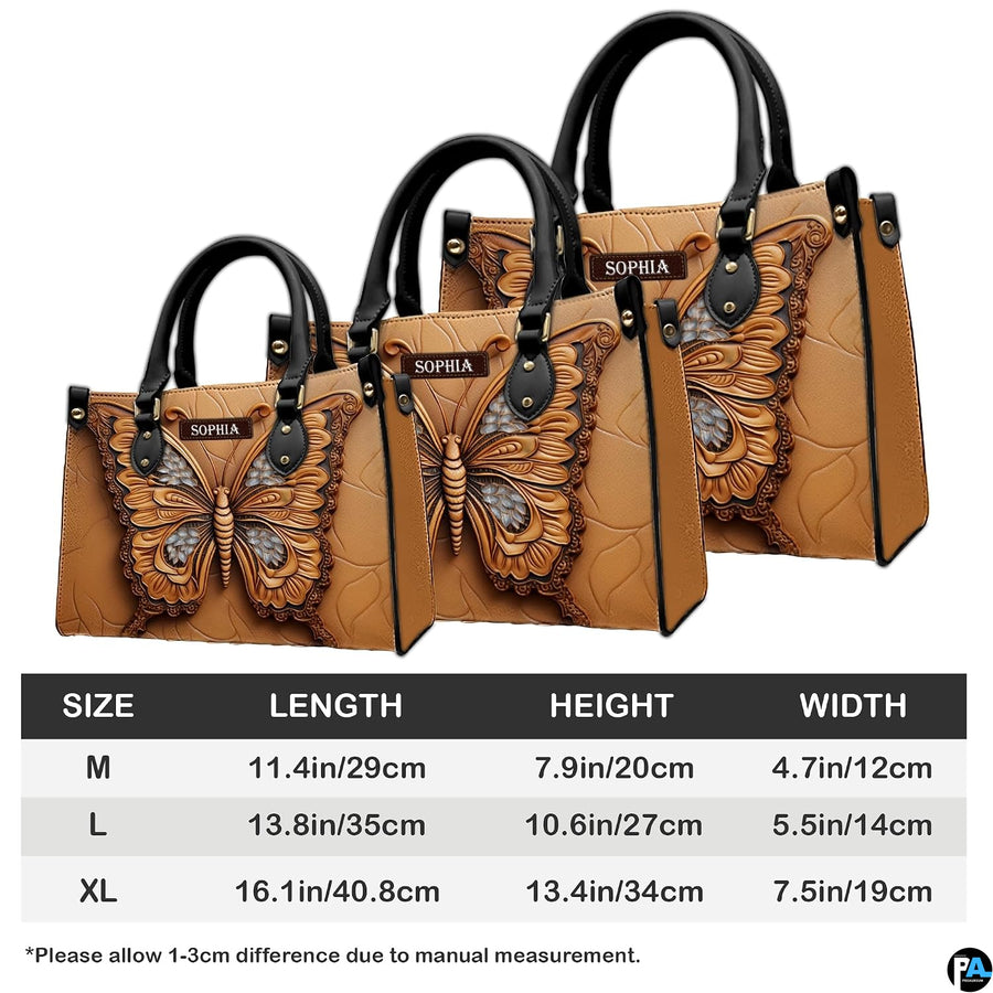 Size chart displaying medium, large, and extra-large dimensions for the embossed butterfly handbag.