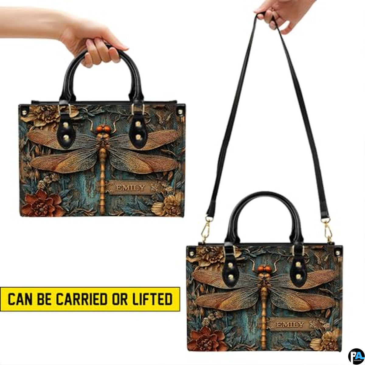 Personalized Animal Leather Handbag – Custom Name Flowers with 2D Print with 3D Effect – Gift for Gramma, Mom, Daughter