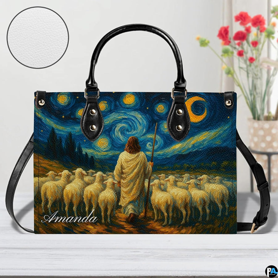 Alternative angle display of Good Shepherd starry night handbag and wallet set