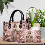 Interior view of Virgin Mary handbag displaying inner lining and organization layout