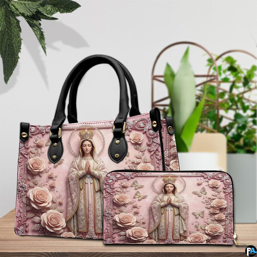 Interior view of Virgin Mary handbag displaying inner lining and organization layout