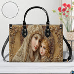 Side profile view of handbag showcasing continuous radiant golden beaded texture