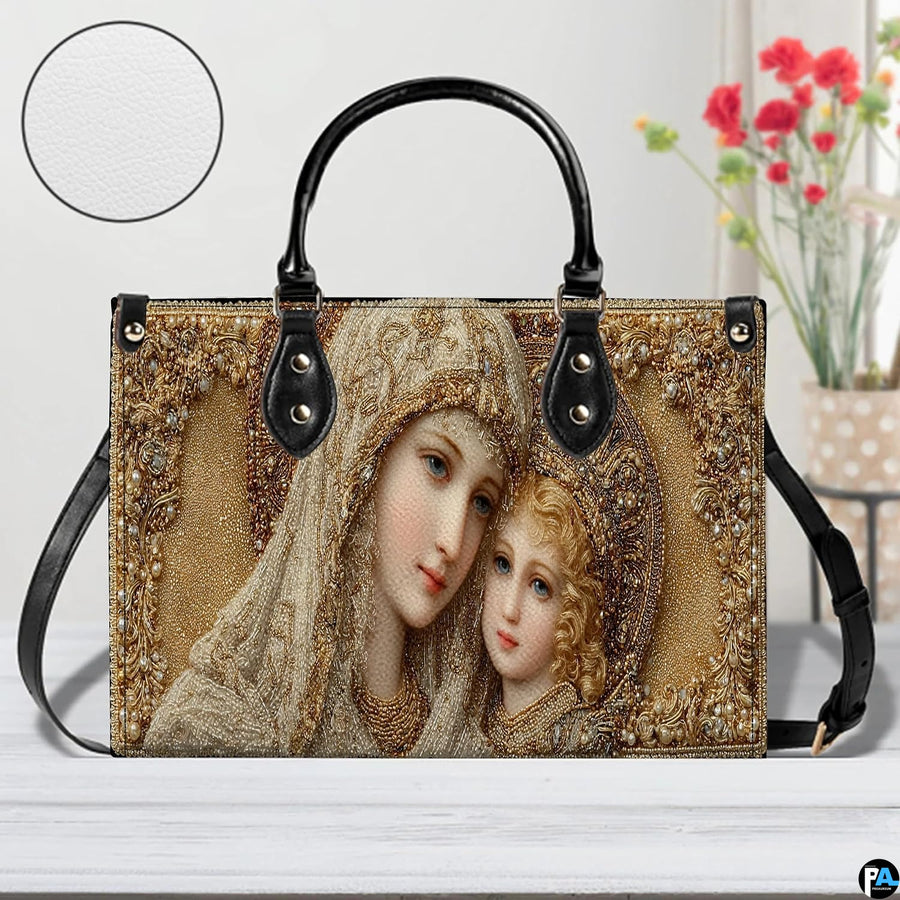 Side profile view of handbag showcasing continuous radiant golden beaded texture