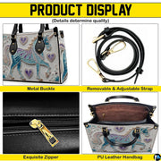 Angle perspective view of the unicorn handbag showcasing side depth and printed details.