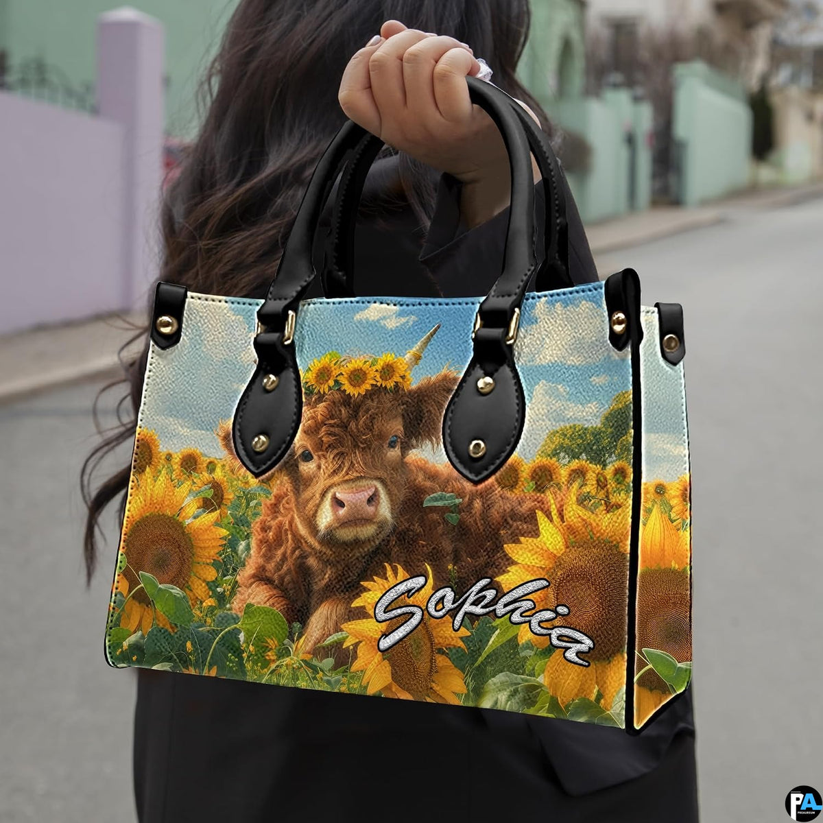 Street lifestyle perspective showing the sunflower calf print in an outdoor daylight setting.