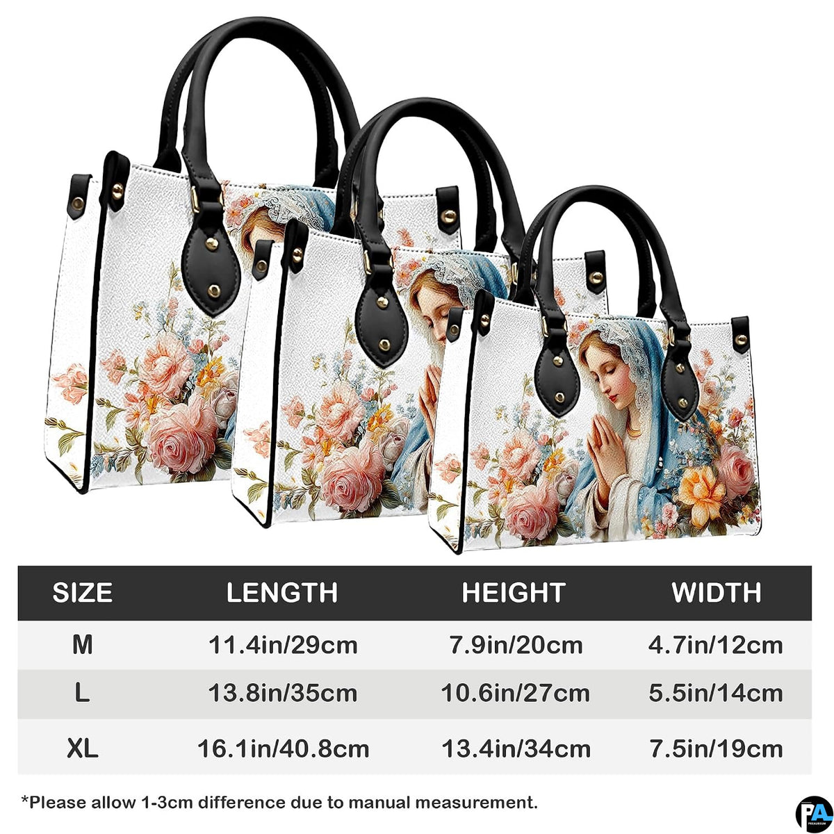 Size comparison chart showing three dimensions for praying Madonna handbag.